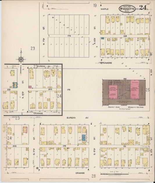 Sanborn Fire Insurance Map from Wyandotte, Wayne County, Michigan (1922), Sheet #0024 - Historic Sanborn Fire Insurance Map Print, vintage old map wall art, antique decor, genealogy gift, Michigan Michigan map