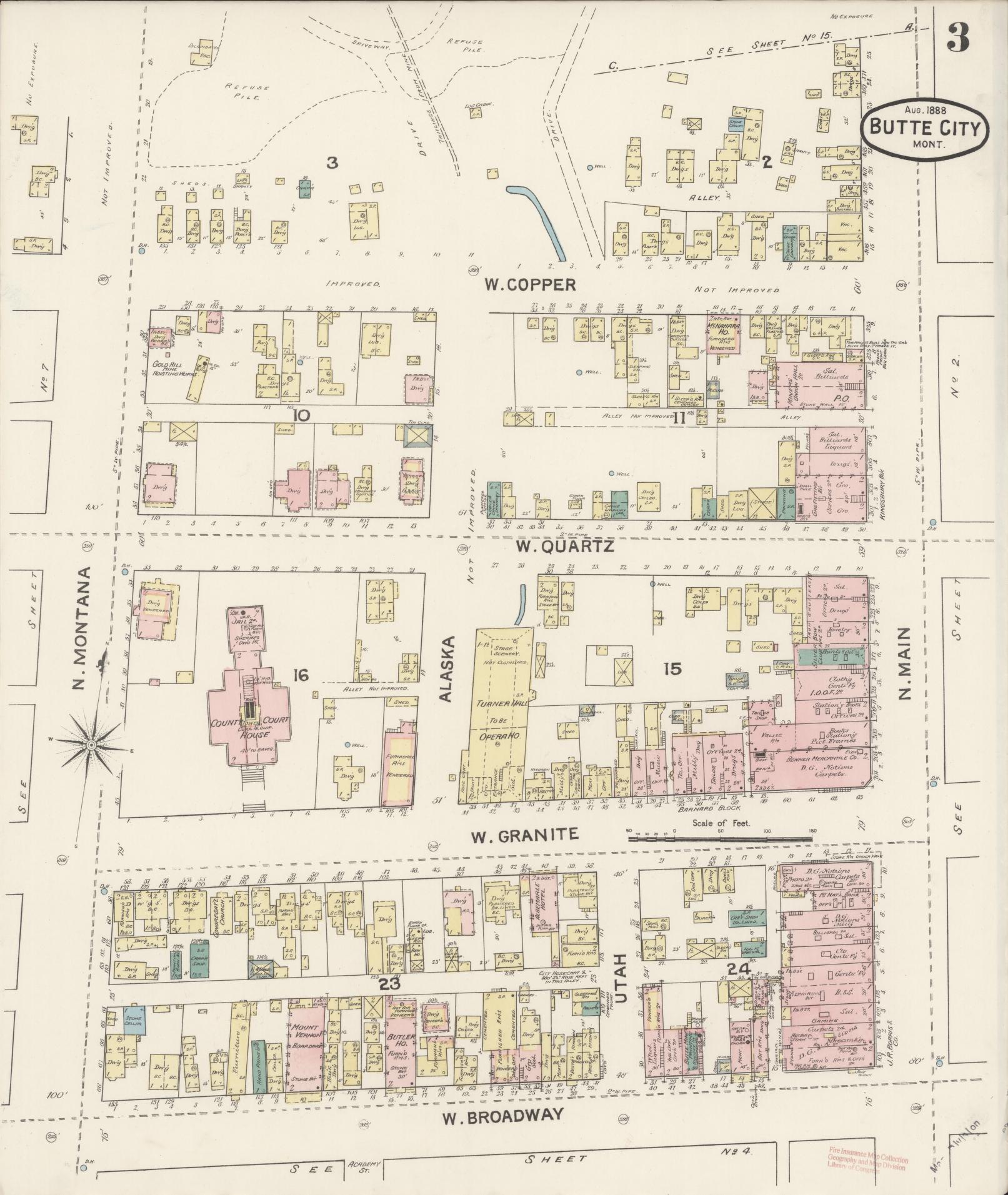 Sanborn Fire Insurance Map from Butte, Silver Bow County, Montana (1888), Sheet #0003 - Complete Map Set gallery image, historic Sanborn map, vintage wall art, Montana Montana