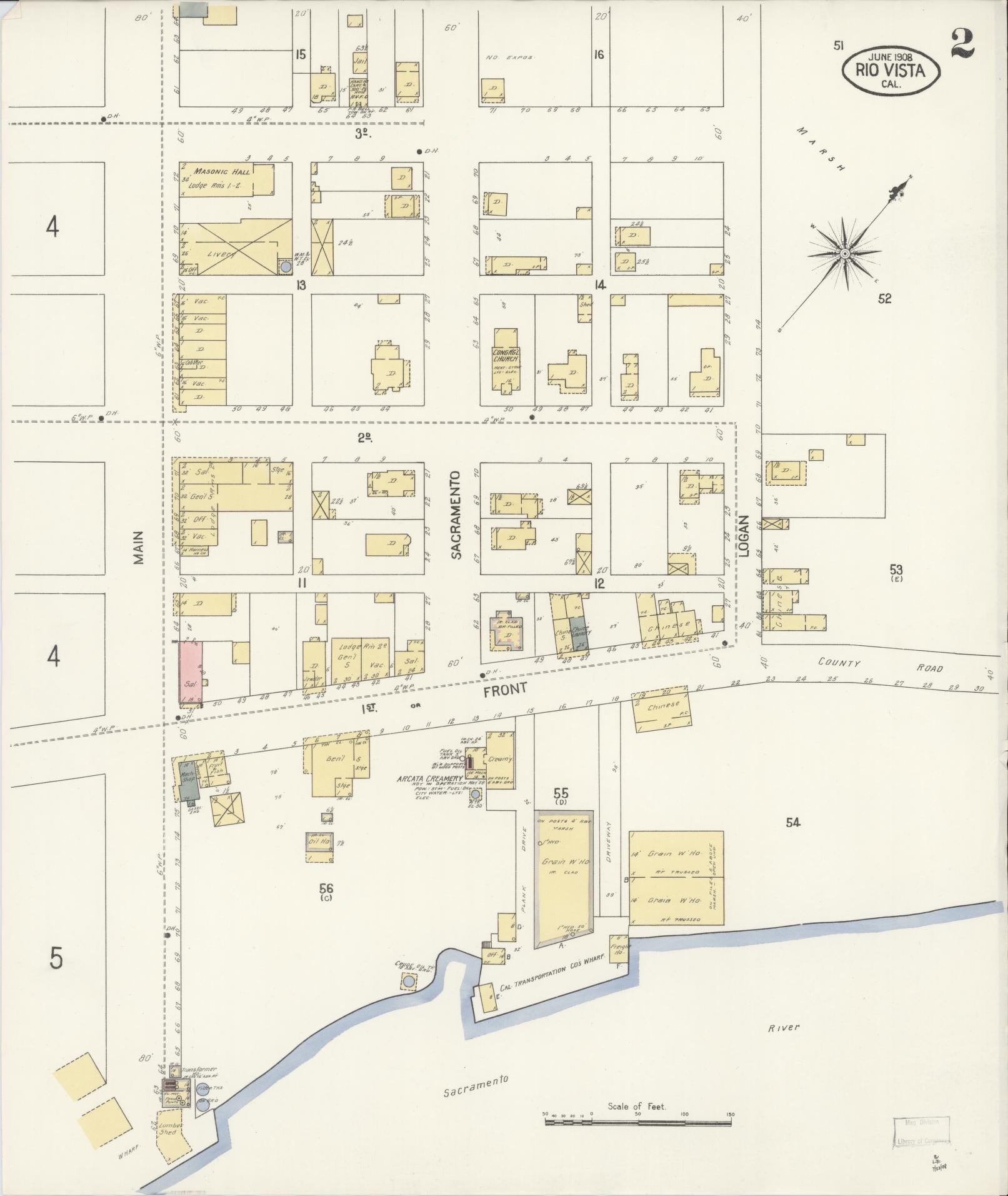 Sanborn Fire Insurance Map from Rio Vista, Solano County, California (1908), Sheet #0002 - Complete Map Set gallery image, historic Sanborn map, vintage wall art, California California