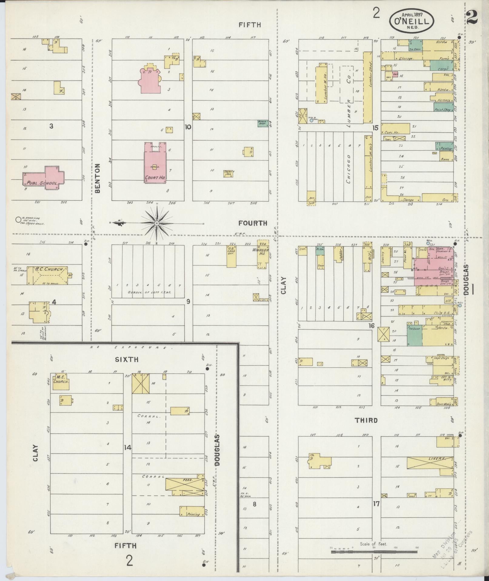 Sanborn Fire Insurance Map from O'Neill, Holt County, Nebraska (1897), Sheet #0002 - Historic Sanborn Fire Insurance Map Print, vintage old map wall art, antique decor, genealogy gift, Nebraska Nebraska map