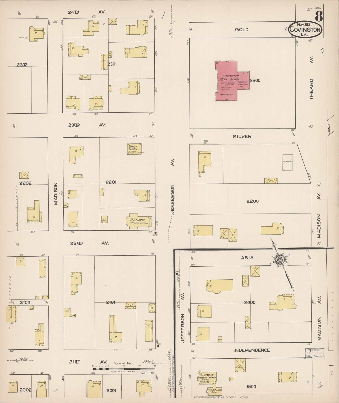 Sanborn Fire Insurance Map from Covington, Saint Tammany Parish, Louisiana (1921), Sheet #0008 - Complete Map Set gallery image, historic Sanborn map, vintage wall art, Louisiana Louisiana