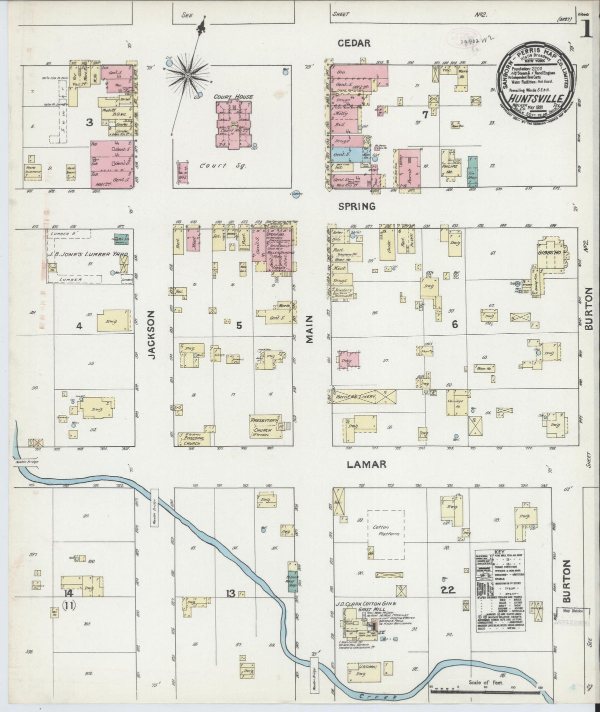 Sanborn Fire Insurance Map from Huntsville, Walker County, Texas (1891), Sheet #0001 - Complete Map Set gallery image, historic Sanborn map, vintage wall art, Texas Texas