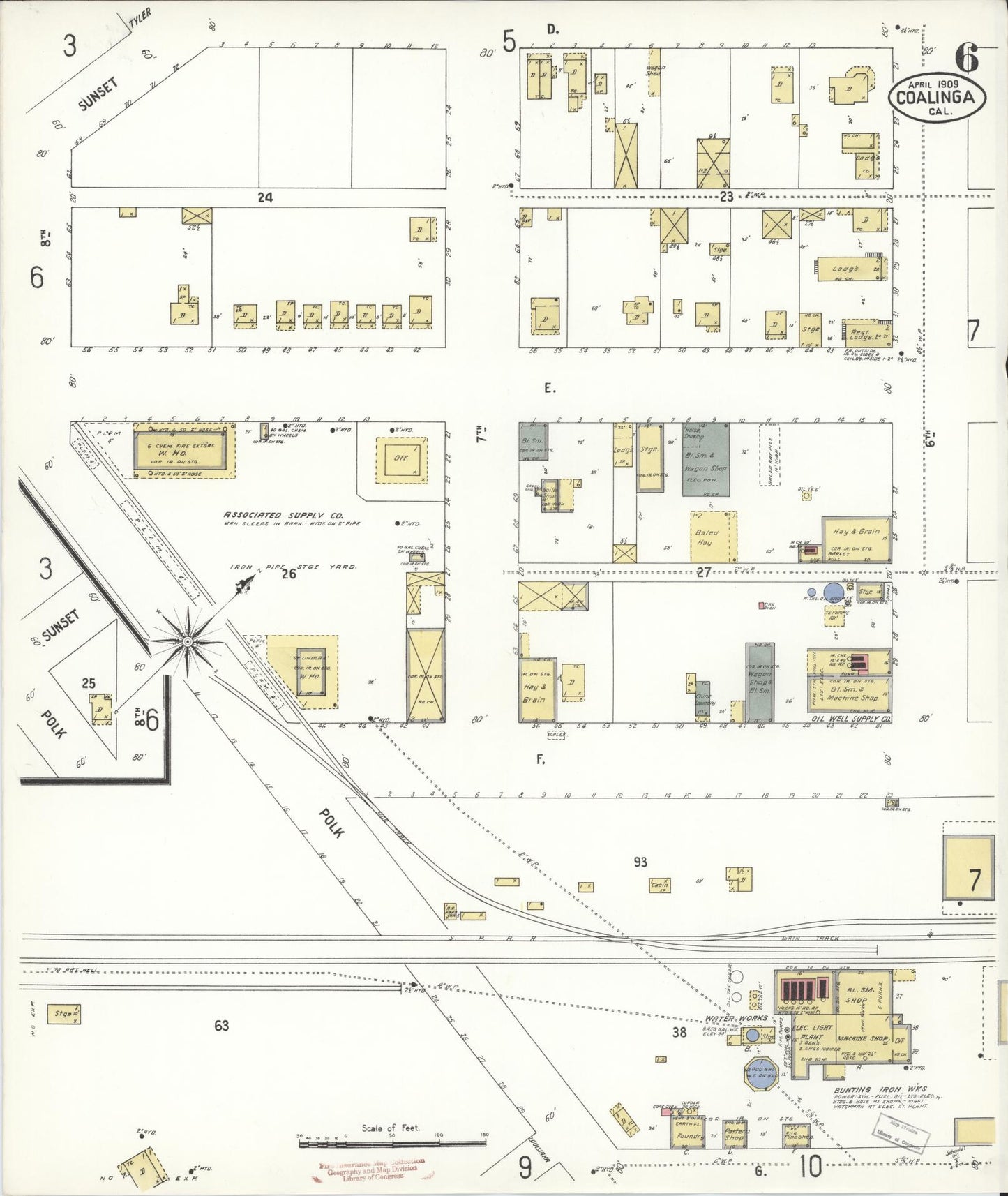 Sanborn Fire Insurance Map from Coalinga, Fresno County, California (1909), Sheet #0006 - Complete Map Set gallery image, historic Sanborn map, vintage wall art, California California