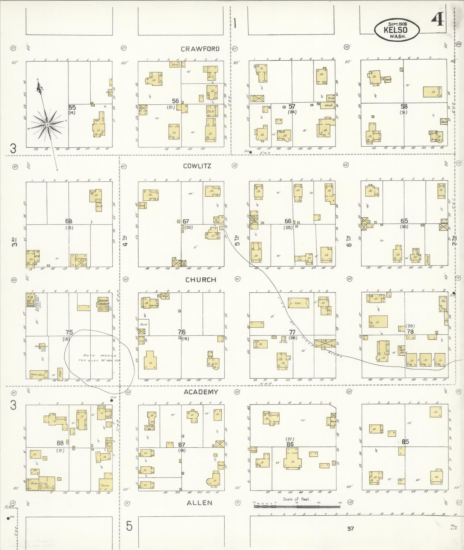 Sanborn Fire Insurance Map from Kelso, Cowlitz County, Washington (1908), Sheet #0004 - Historic Sanborn Fire Insurance Map Print, vintage old map wall art, antique decor, genealogy gift, Washington Washington map