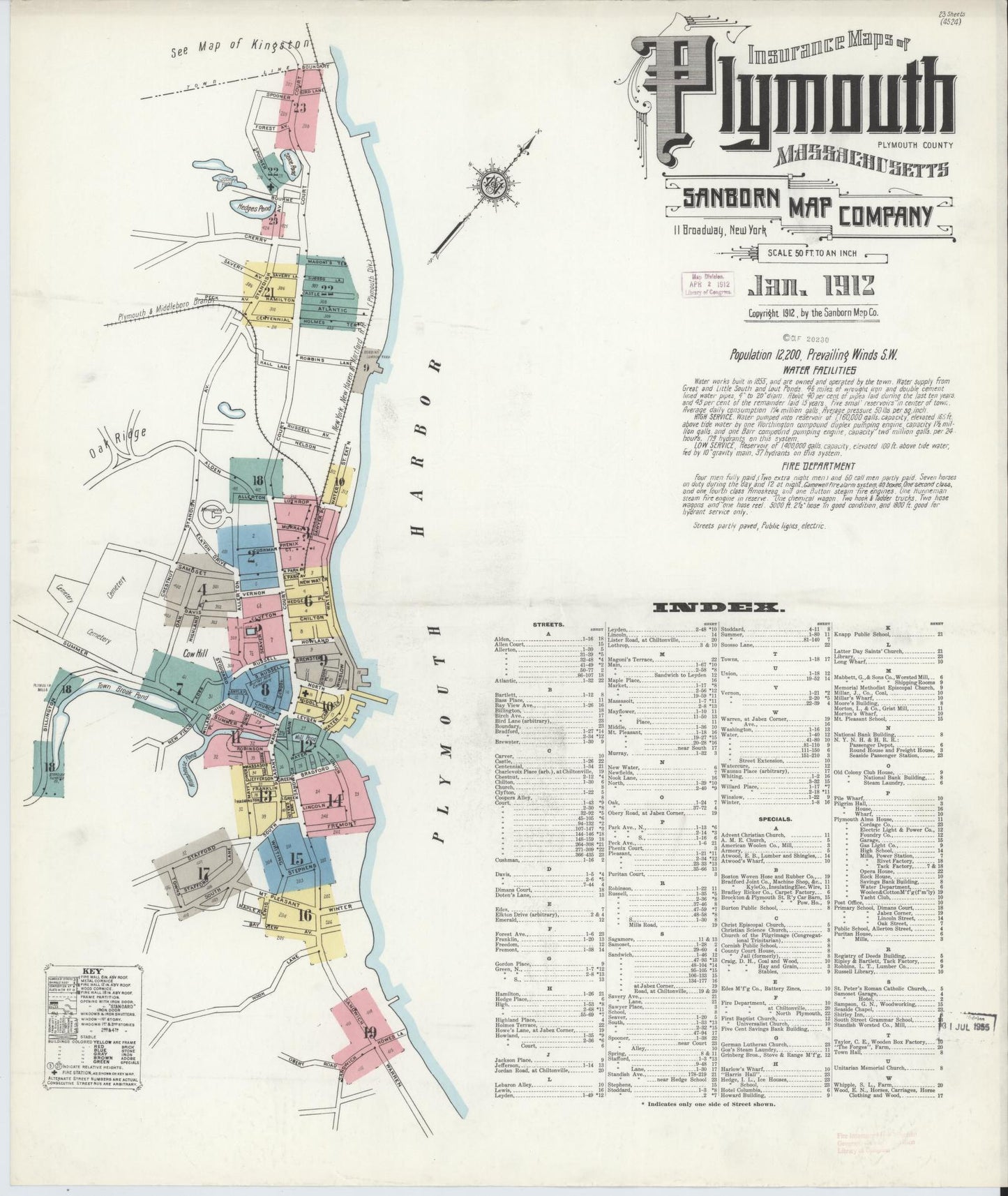 Sanborn Fire Insurance Map from Plymouth, Plymouth County, Massachusetts (1912), Sheet #0001 - Historic Sanborn Fire Insurance Map Print, vintage old map wall art, antique decor, genealogy gift, Massachusetts Massachusetts map