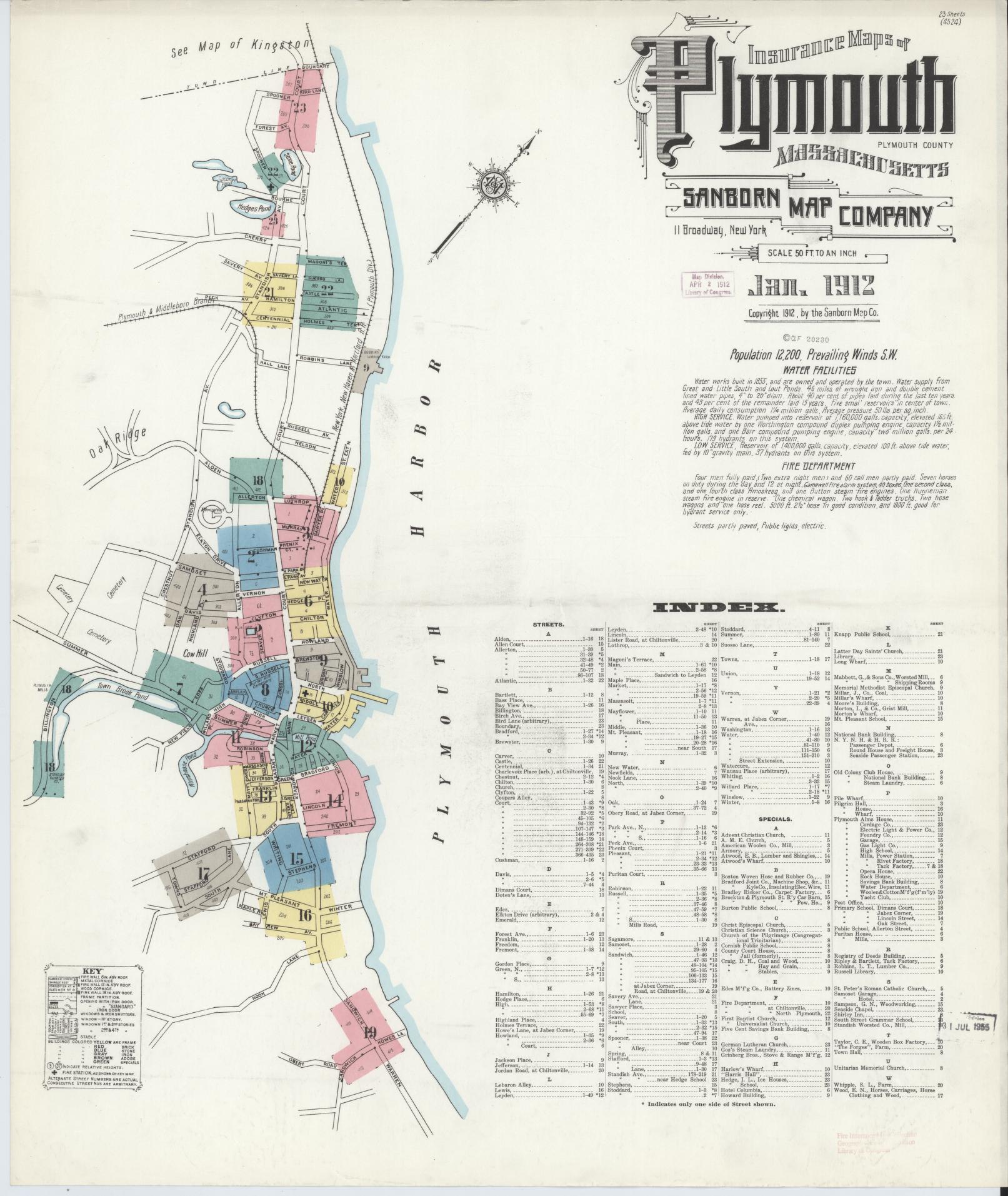 Sanborn Fire Insurance Map from Plymouth, Plymouth County, Massachusetts (1912), Sheet #0001 - Historic Sanborn Fire Insurance Map Print, vintage old map wall art, antique decor, genealogy gift, Massachusetts Massachusetts map