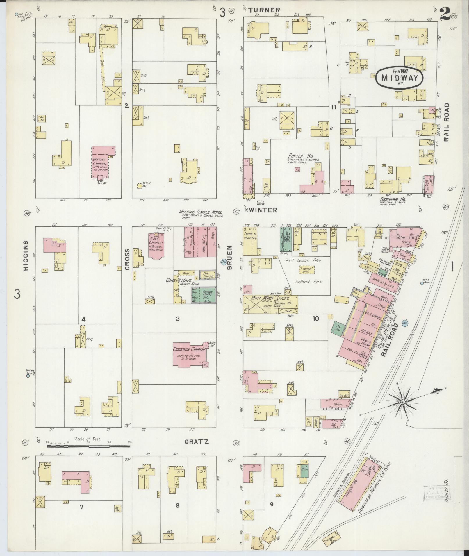 Sanborn Fire Insurance Map from Midway, Woodford County, Kentucky (1897), Sheet #0002 - Complete Map Set gallery image, historic Sanborn map, vintage wall art, Kentucky Kentucky