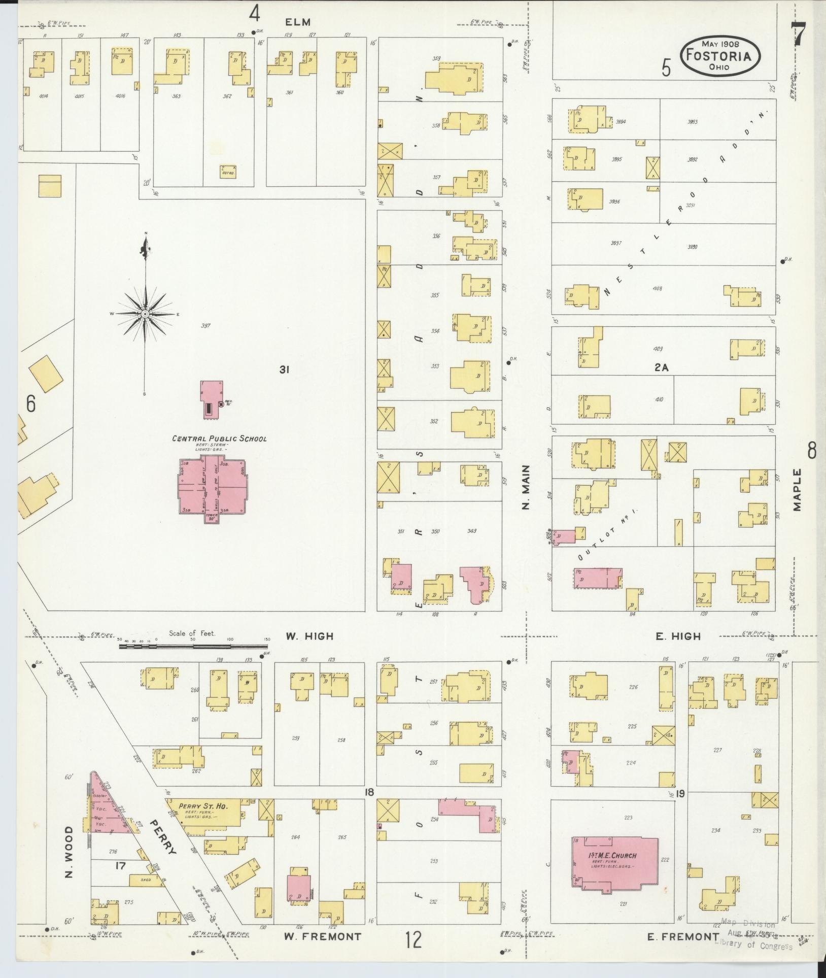 Sanborn Fire Insurance Map from Fostoria, Seneca, Hancock, And Wood Counties, Ohio (1908), Sheet #0007 - Historic Sanborn Fire Insurance Map Print, vintage old map wall art, antique decor, genealogy gift, Ohio Ohio map