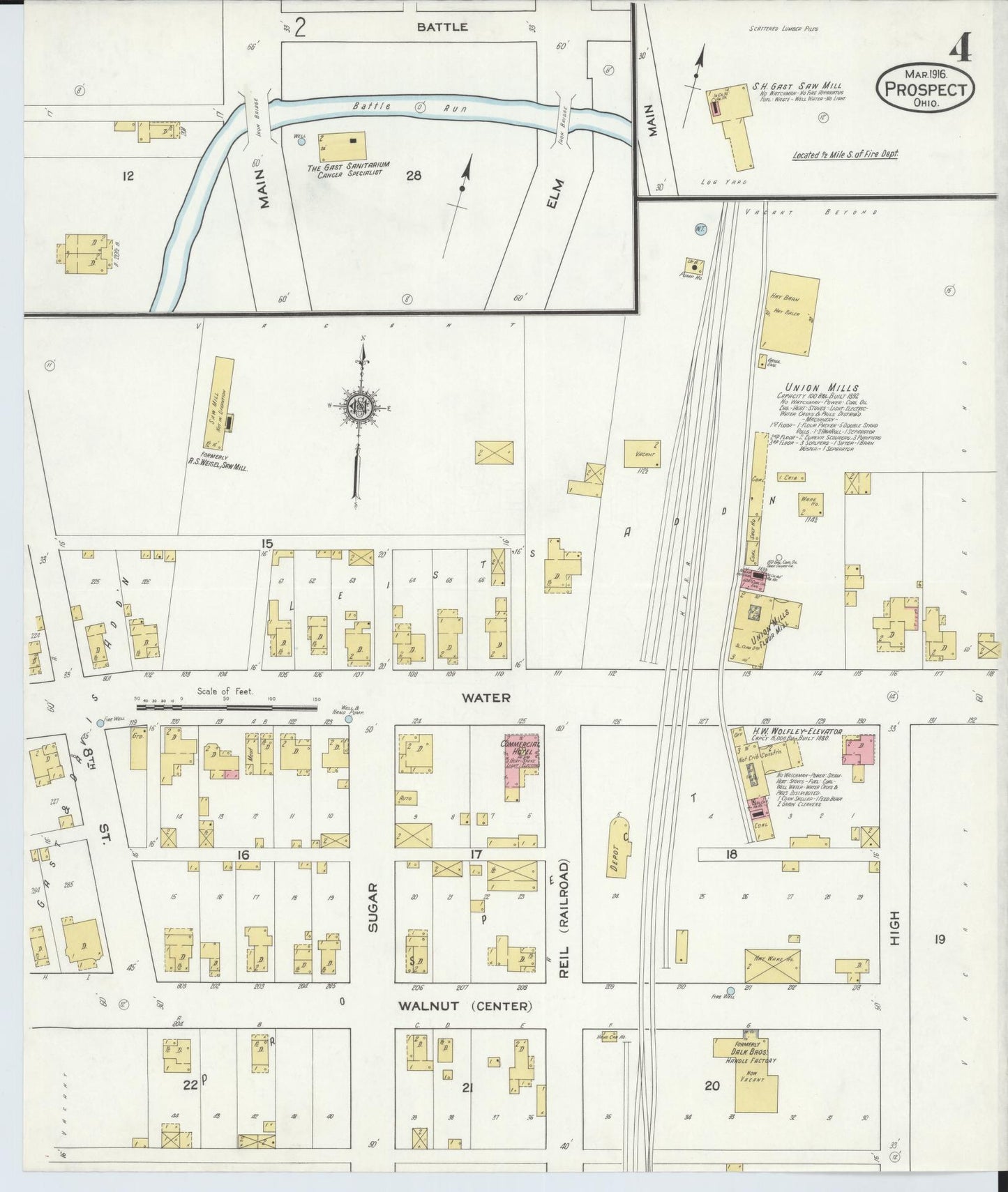 Sanborn Fire Insurance Map from Prospect, Marion County, Ohio (1916), Sheet #0004 - Historic Sanborn Fire Insurance Map Print, vintage old map wall art, antique decor, genealogy gift, Ohio Ohio map