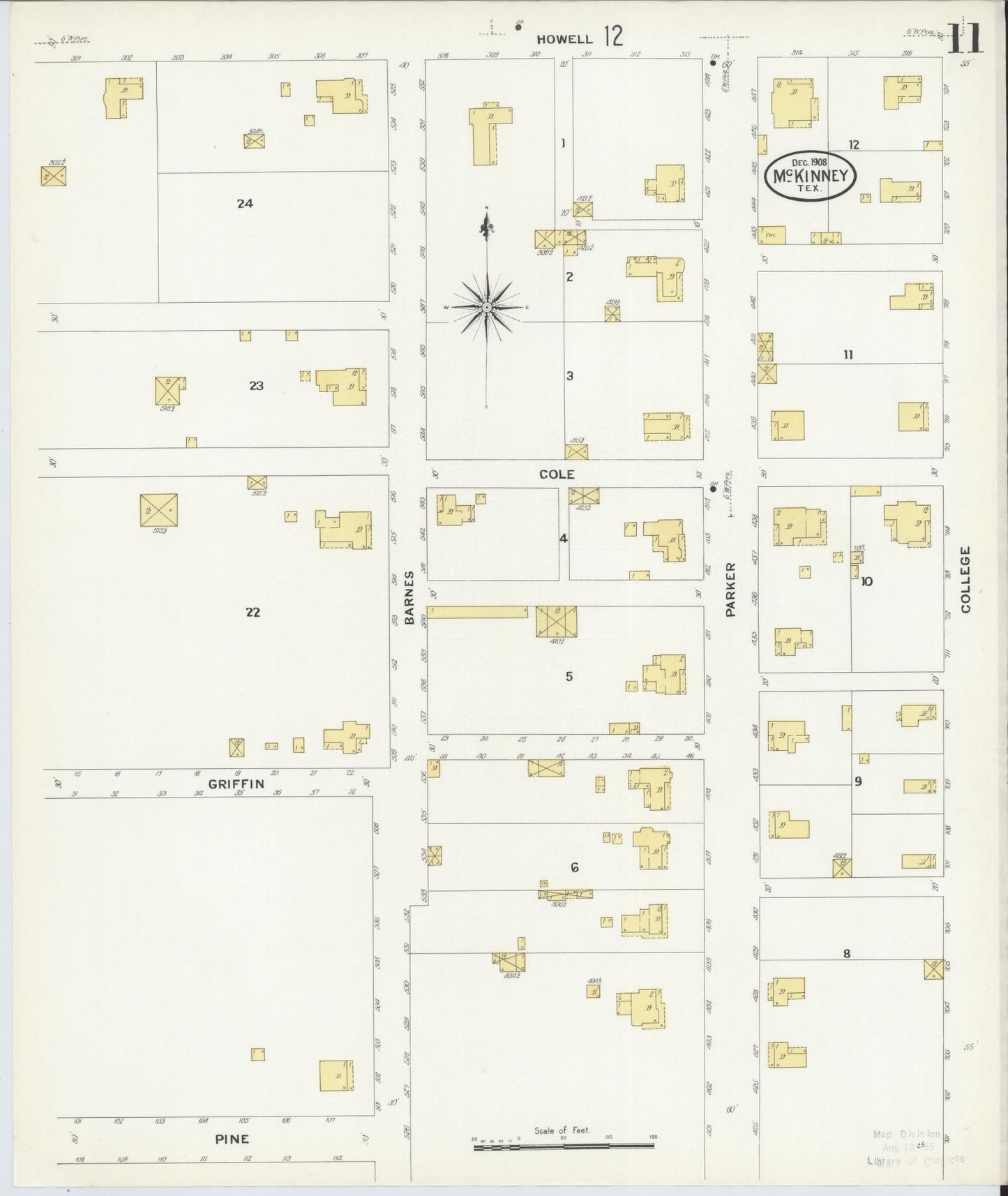 Sanborn Fire Insurance Map from McKinney, Collin County, Texas (1908), Sheet #0011 - Historic Sanborn Fire Insurance Map Print, vintage old map wall art, antique decor, genealogy gift, Texas Texas map