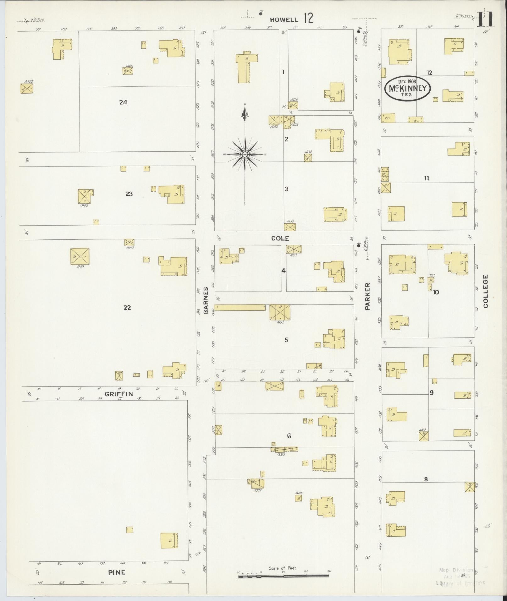 Sanborn Fire Insurance Map from McKinney, Collin County, Texas (1908), Sheet #0011 - Historic Sanborn Fire Insurance Map Print, vintage old map wall art, antique decor, genealogy gift, Texas Texas map