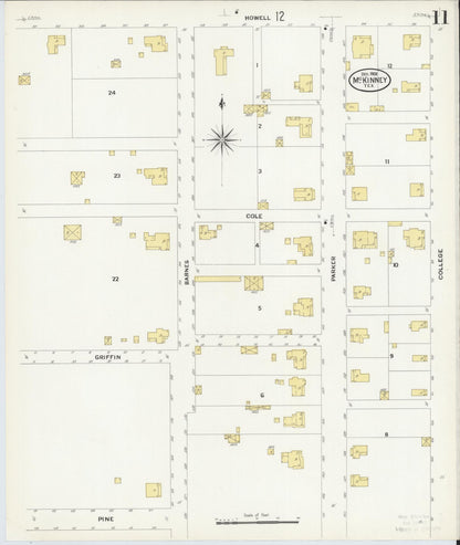 Sanborn Fire Insurance Map from McKinney, Collin County, Texas (1908), Sheet #0011 - Historic Sanborn Fire Insurance Map Print, vintage old map wall art, antique decor, genealogy gift, Texas Texas map