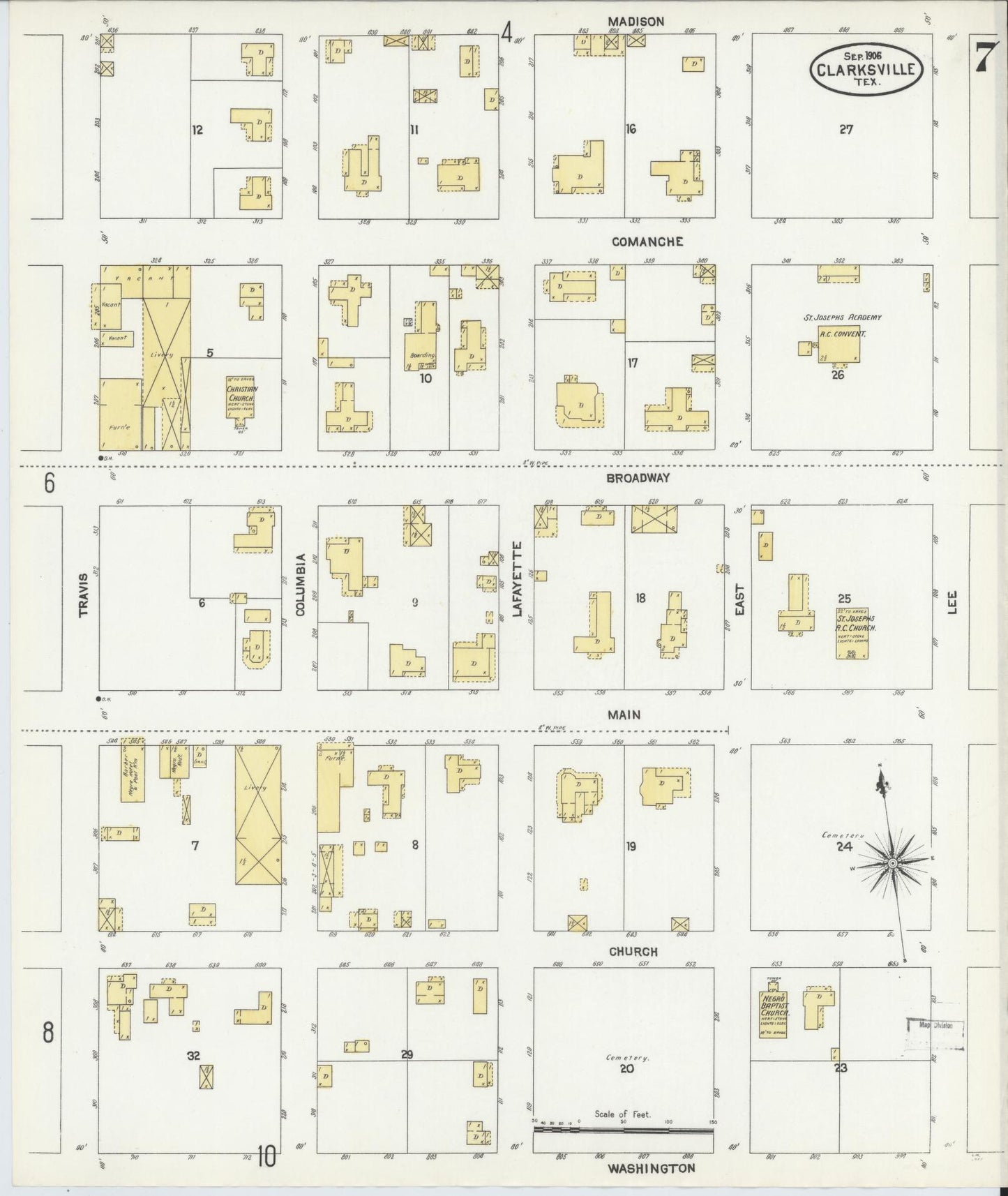 Sanborn Fire Insurance Map from Clarksville, Red River County, Texas (1906), Sheet #0007 - Complete Map Set gallery image, historic Sanborn map, vintage wall art, Texas Texas