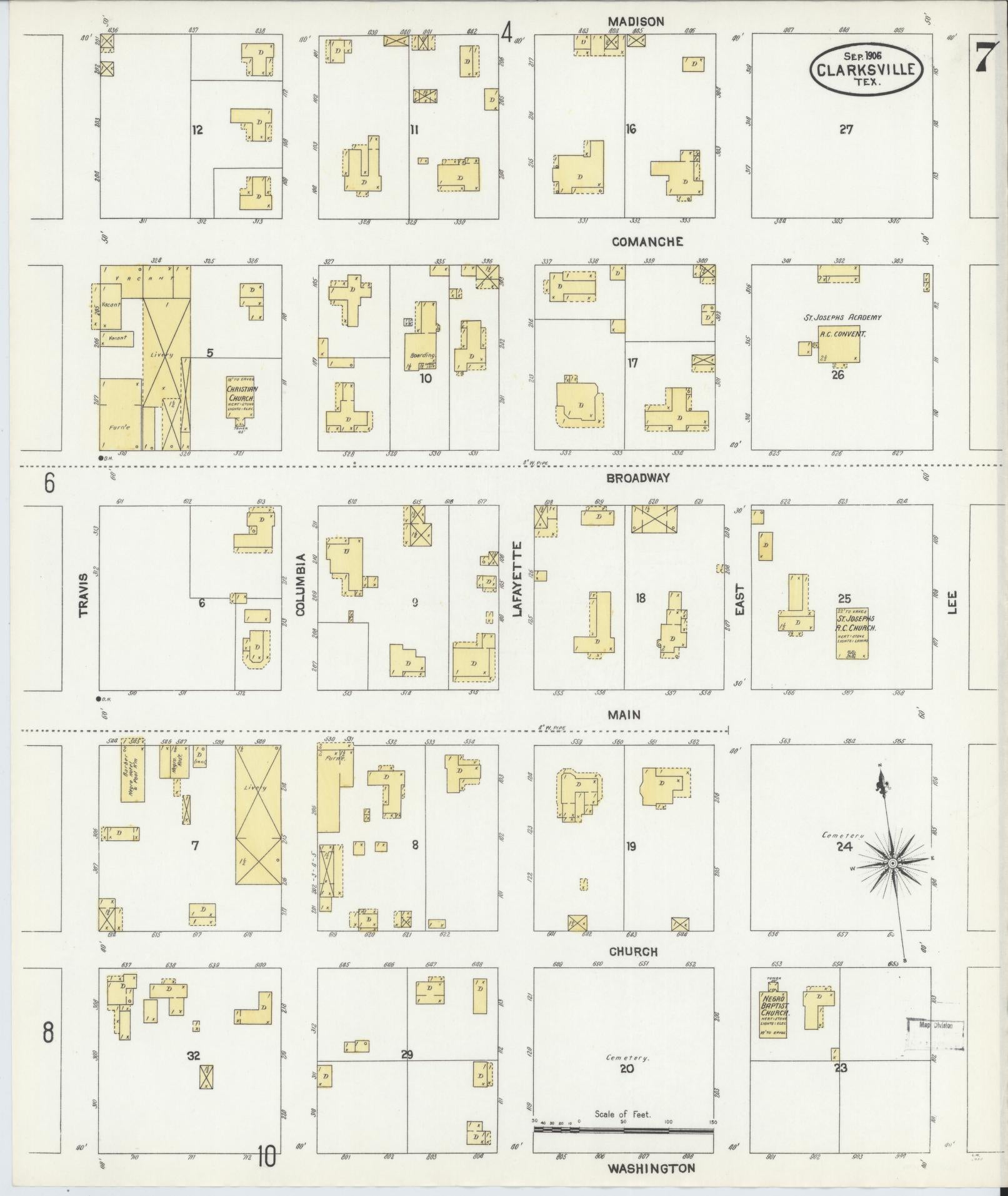 Sanborn Fire Insurance Map from Clarksville, Red River County, Texas (1906), Sheet #0007 - Complete Map Set gallery image, historic Sanborn map, vintage wall art, Texas Texas