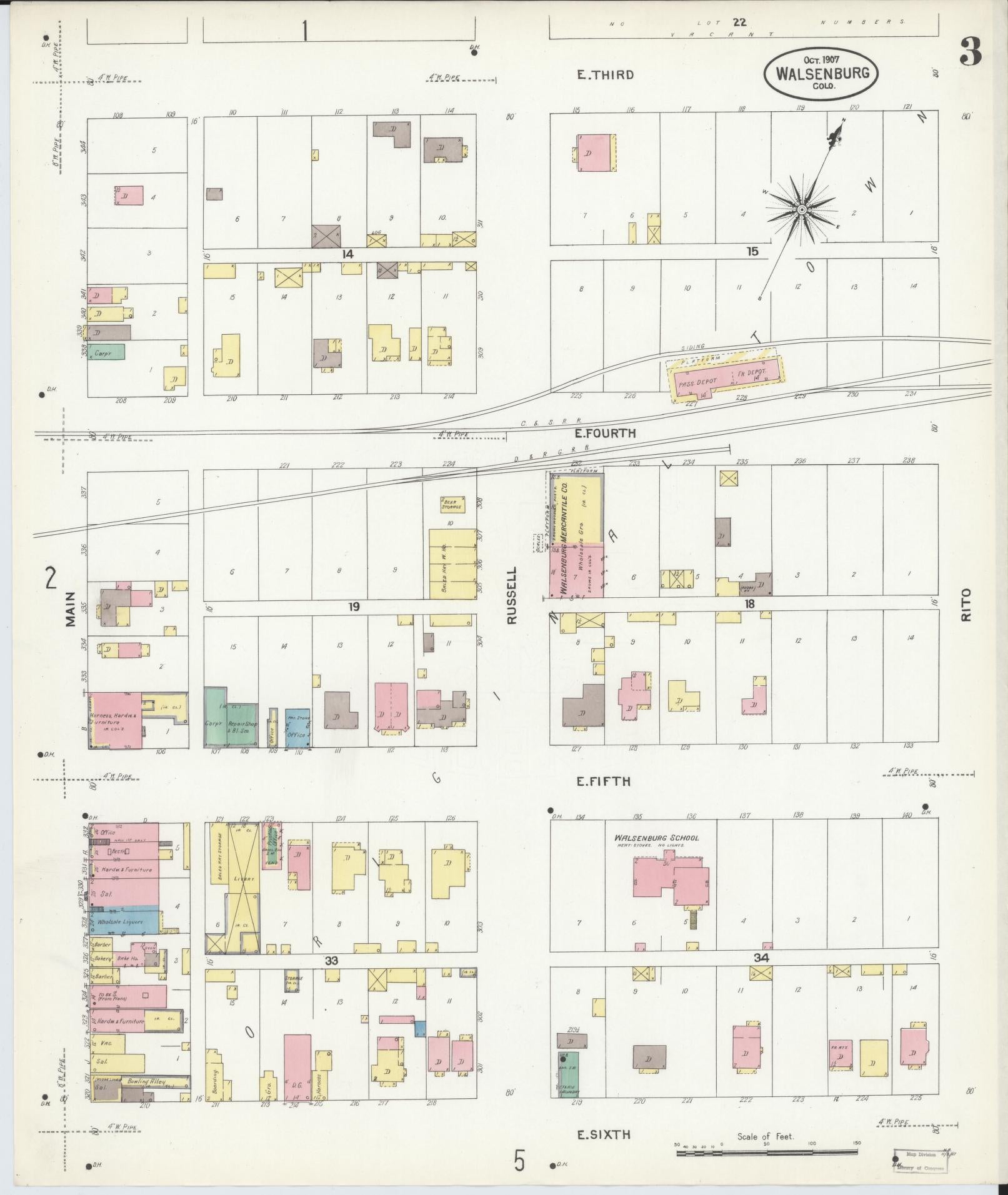 Sanborn Fire Insurance Map from Walsenburg, Huerfano County, Colorado (1907), Sheet #0003 - Historic Sanborn Fire Insurance Map Print, vintage old map wall art, antique decor, genealogy gift, Colorado Colorado map