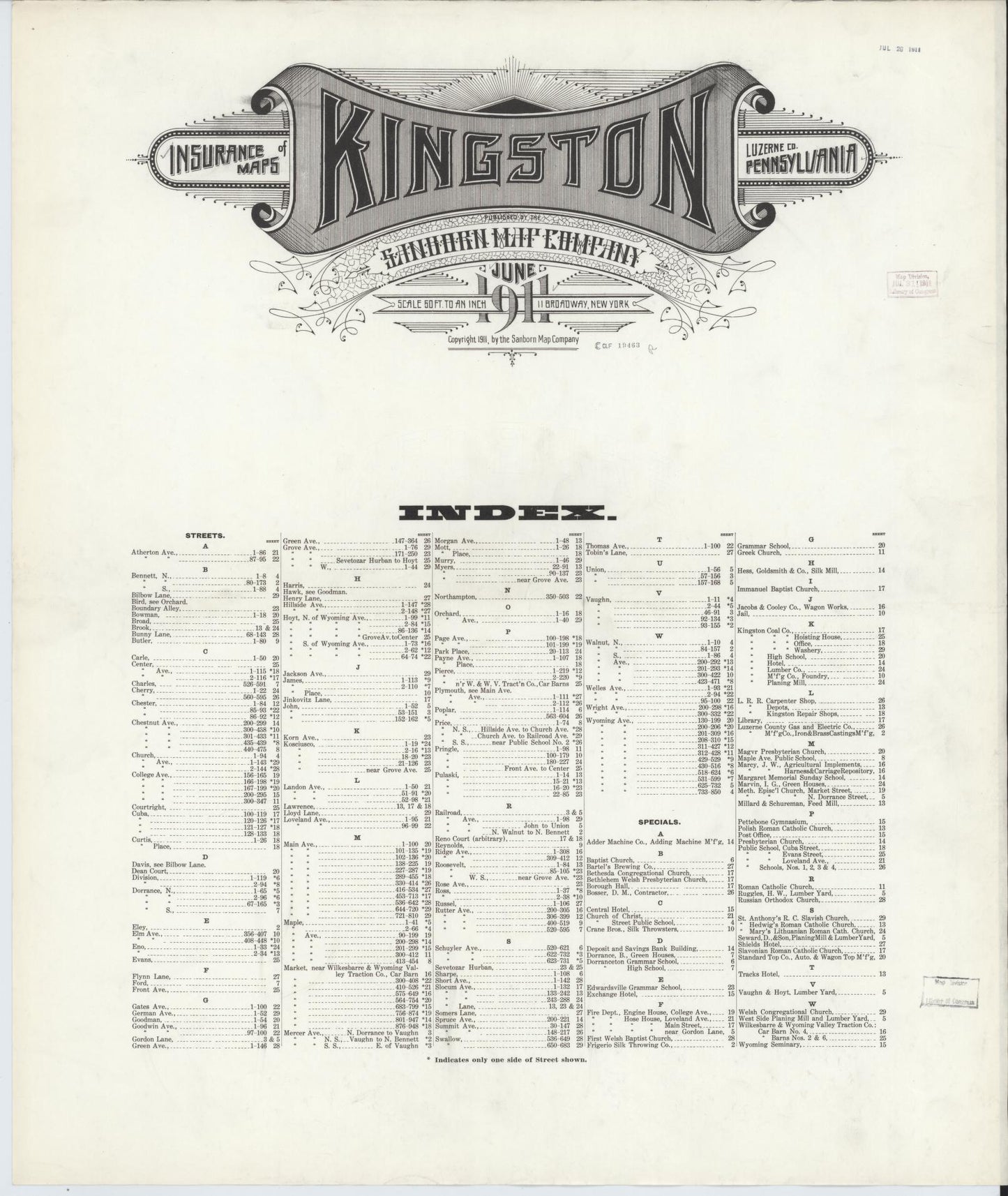 Sanborn Fire Insurance Map from Kingston, Luzerne County, Pennsylvania (1911), Sheet #0001 - Historic Sanborn Fire Insurance Map Print, vintage old map wall art, antique decor, genealogy gift, Pennsylvania Pennsylvania map