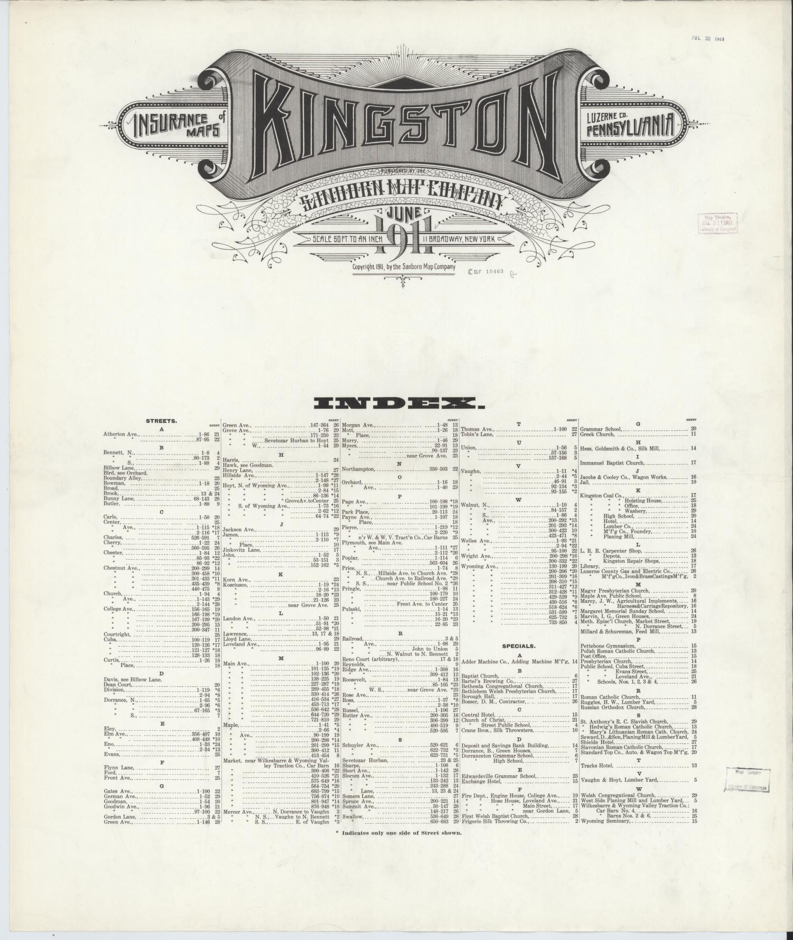 Sanborn Fire Insurance Map from Kingston, Luzerne County, Pennsylvania (1911), Sheet #0001 - Historic Sanborn Fire Insurance Map Print, vintage old map wall art, antique decor, genealogy gift, Pennsylvania Pennsylvania map