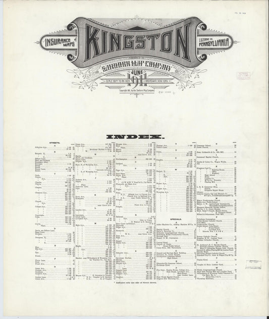 Sanborn Fire Insurance Map from Kingston, Luzerne County, Pennsylvania (1911), Sheet #0001 - Historic Sanborn Fire Insurance Map Print, vintage old map wall art, antique decor, genealogy gift, Pennsylvania Pennsylvania map