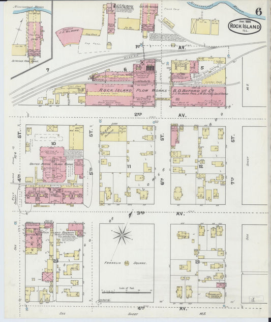 Sanborn Fire Insurance Map from Rock Island, Rock Island County, Illinois (1892), Sheet #0006 - Historic Sanborn Fire Insurance Map Print, vintage old map wall art, antique decor, genealogy gift, Illinois Illinois map