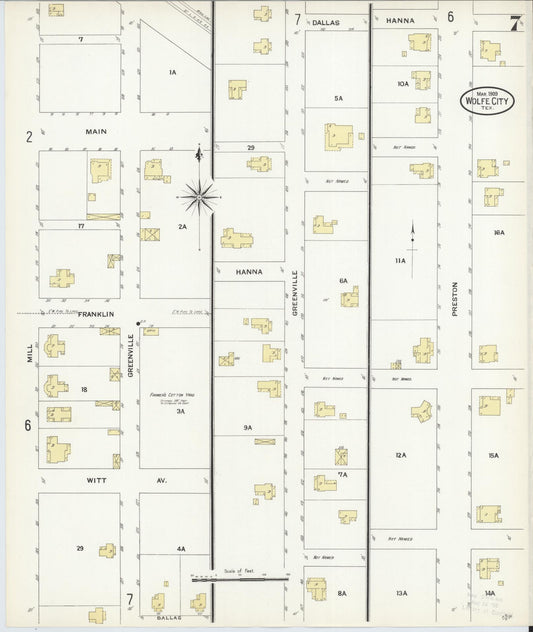 Sanborn Fire Insurance Map from Wolfe City, Hunt County, Texas (1909), Sheet #0007 - Historic Sanborn Fire Insurance Map Print, vintage old map wall art, antique decor, genealogy gift, Texas Texas map