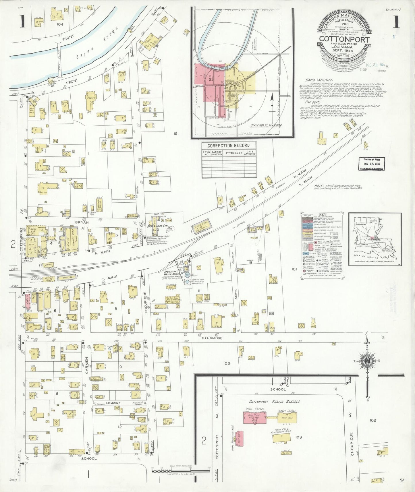 Sanborn Fire Insurance Map from Cottonport, Avoyelles Parish, Louisiana (1944), Sheet #0001 - Complete Map Set gallery image, historic Sanborn map, vintage wall art, Louisiana Louisiana