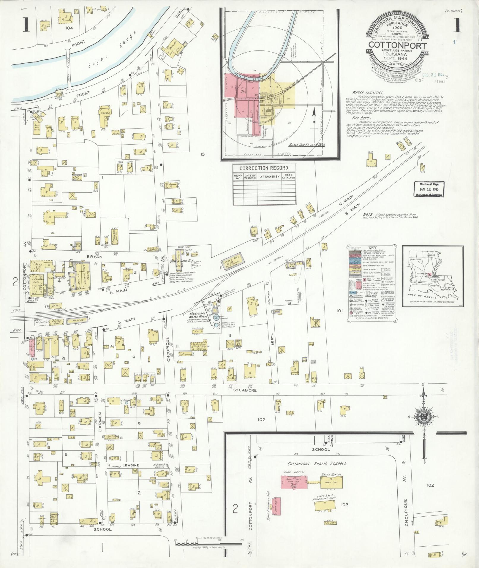Sanborn Fire Insurance Map from Cottonport, Avoyelles Parish, Louisiana (1944), Sheet #0001 - Complete Map Set gallery image, historic Sanborn map, vintage wall art, Louisiana Louisiana