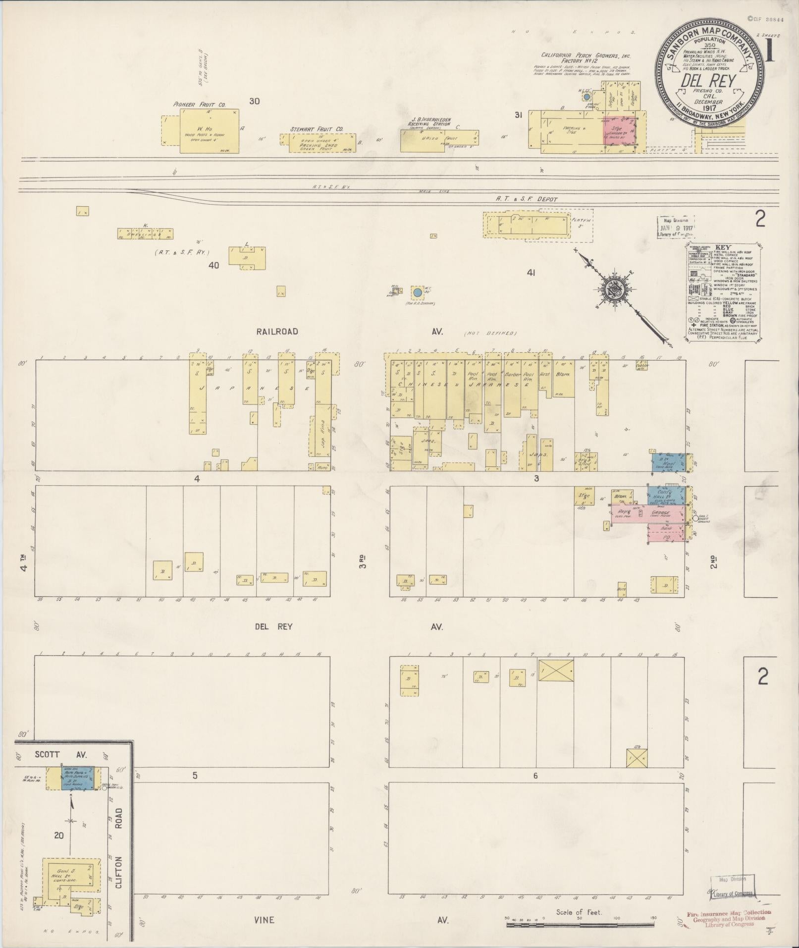 Sanborn Fire Insurance Map from Del Rey, Fresno County, California (1917), Sheet #0001 - Complete Map Set gallery image, historic Sanborn map, vintage wall art, California California