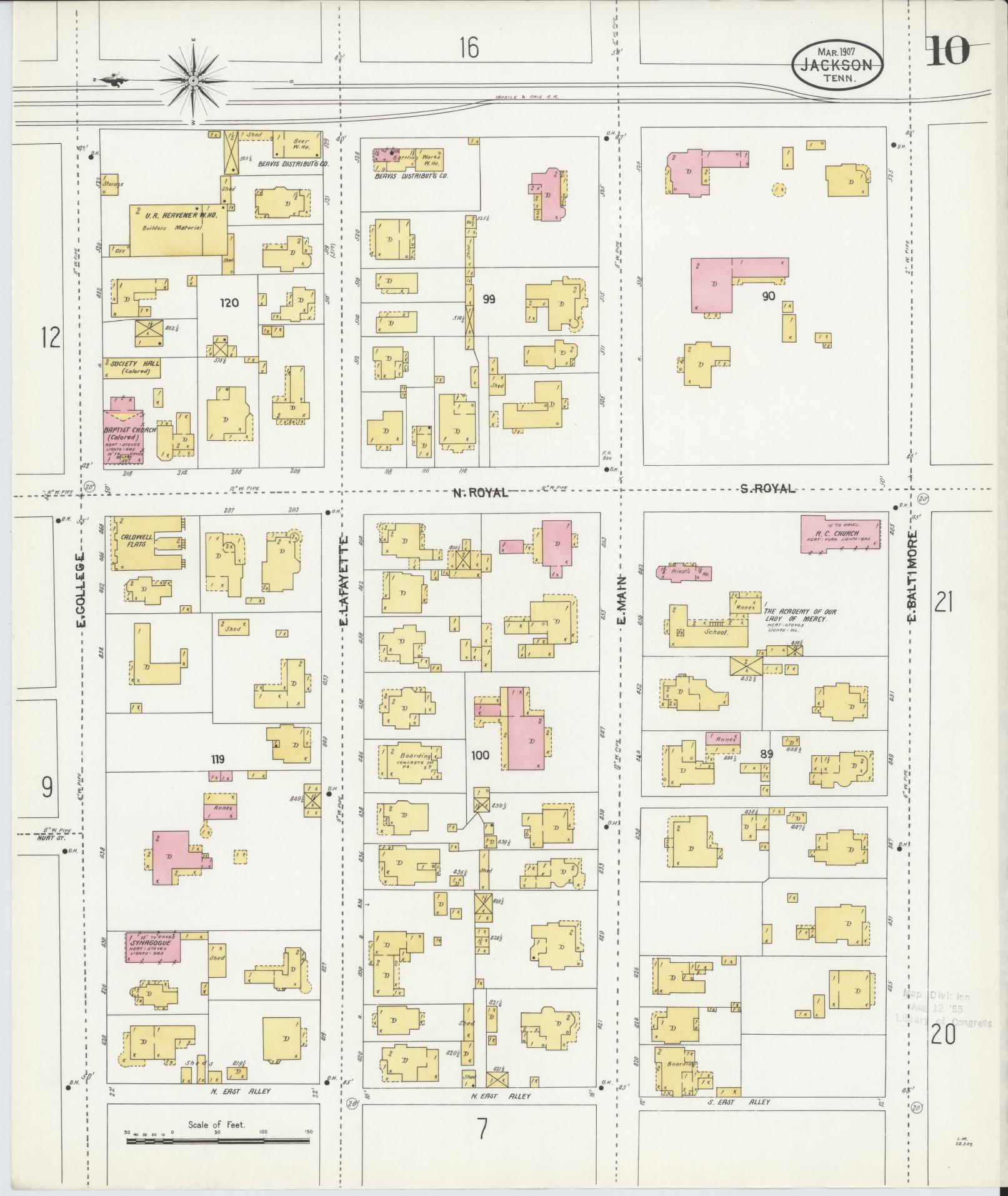 Sanborn Fire Insurance Map from Jackson, Madison County, Tennessee (1907), Sheet #0010 - Historic Sanborn Fire Insurance Map Print, vintage old map wall art, antique decor, genealogy gift, Tennessee Tennessee map