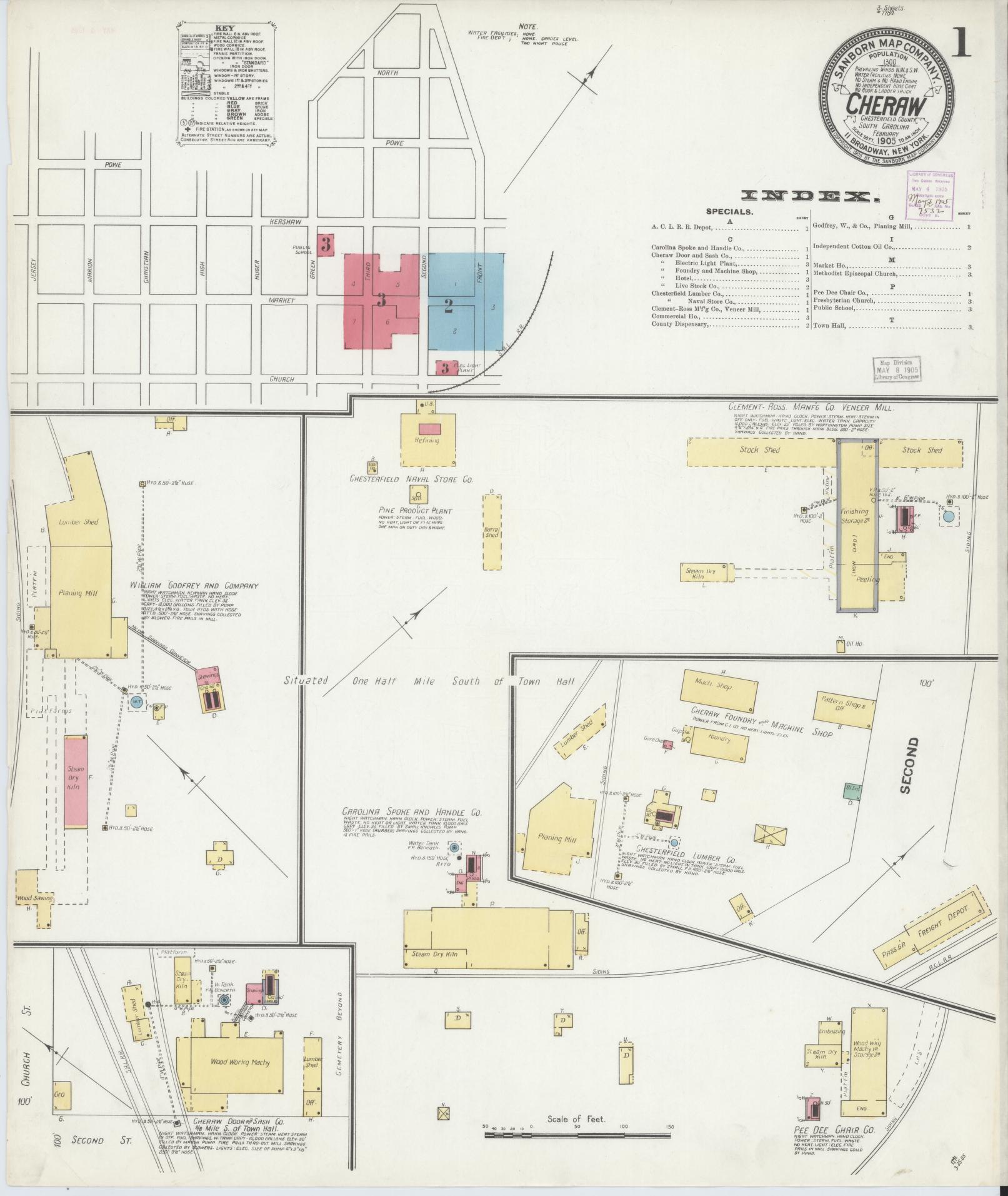 Sanborn Fire Insurance Map from Cheraw, Chesterfield County, South Carolina (1905), Sheet #0001 - Complete Map Set gallery image, historic Sanborn map, vintage wall art, South Carolina South Carolina