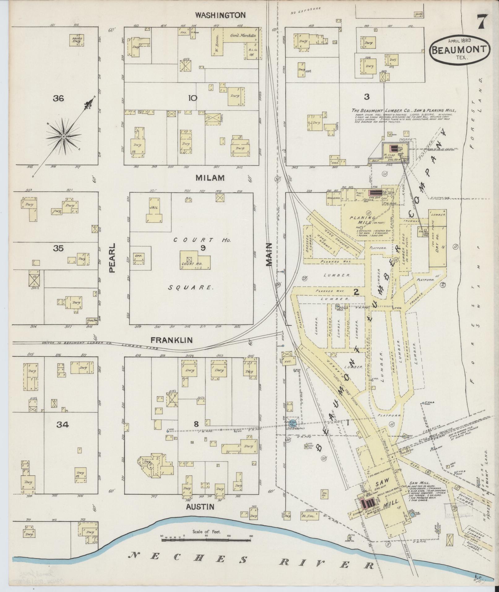 Sanborn Fire Insurance Map from Beaumont, Jefferson County, Texas (1889), Sheet #0007 - Historic Sanborn Fire Insurance Map Print, vintage old map wall art, antique decor, genealogy gift, Texas Texas map