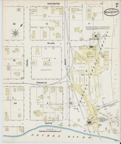 Sanborn Fire Insurance Map from Beaumont, Jefferson County, Texas (1889), Sheet #0007 - Historic Sanborn Fire Insurance Map Print, vintage old map wall art, antique decor, genealogy gift, Texas Texas map