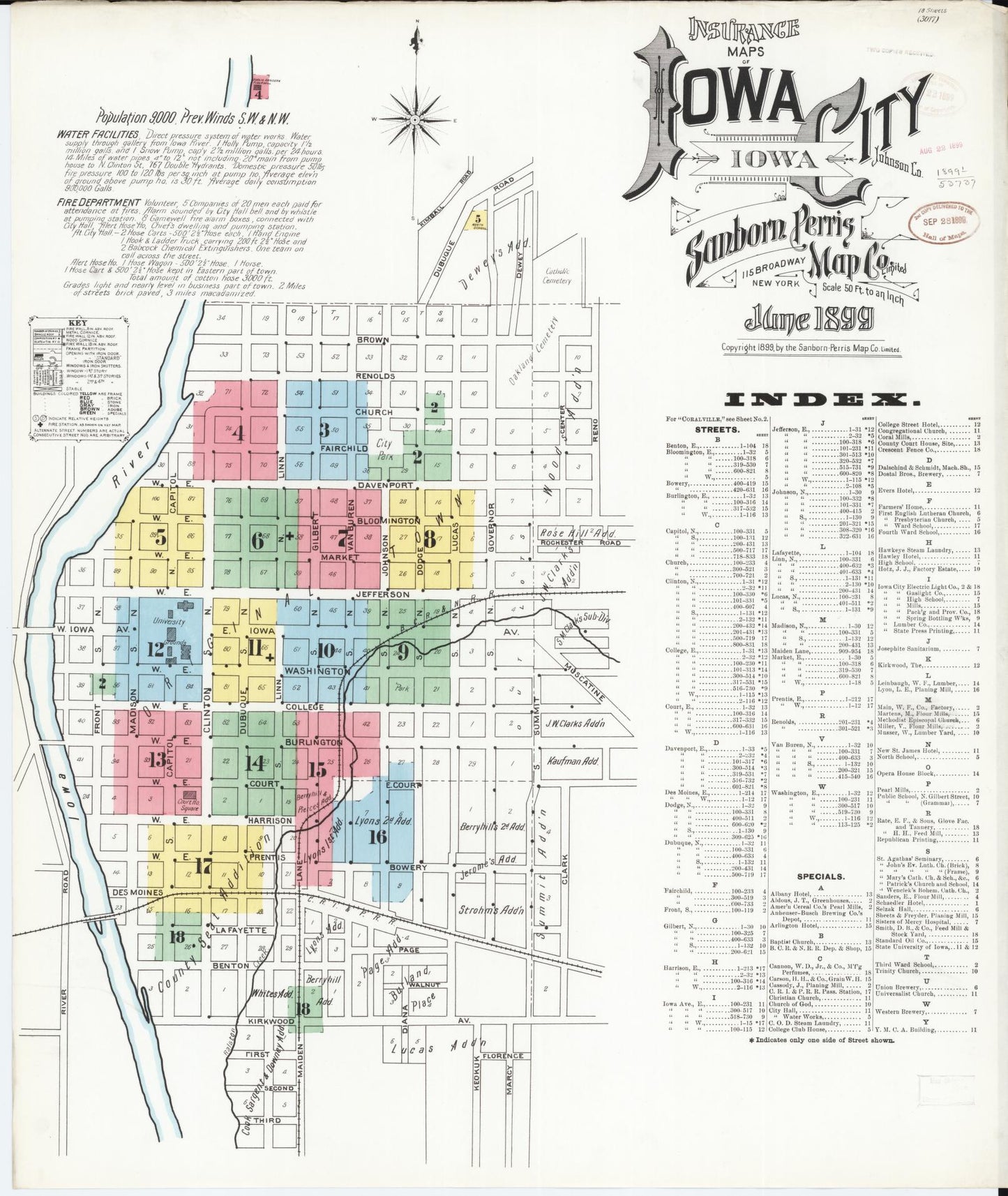 Sanborn Fire Insurance Map from Iowa City, Johnson County, Iowa (1899), Sheet #0001 - Historic Sanborn Fire Insurance Map Print, vintage old map wall art