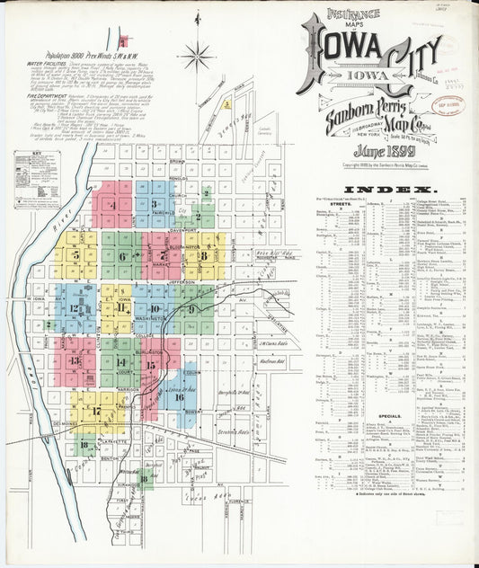 Sanborn Fire Insurance Map from Iowa City, Johnson County, Iowa (1899), Sheet #0001 - Historic Sanborn Fire Insurance Map Print, vintage old map wall art