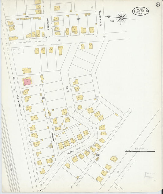 Sanborn Fire Insurance Map from Bluefield, Mercer County, West Virginia (1907), Sheet #0008 - Historic Sanborn Fire Insurance Map Print, vintage old map wall art, antique decor, genealogy gift, West Virginia West Virginia map
