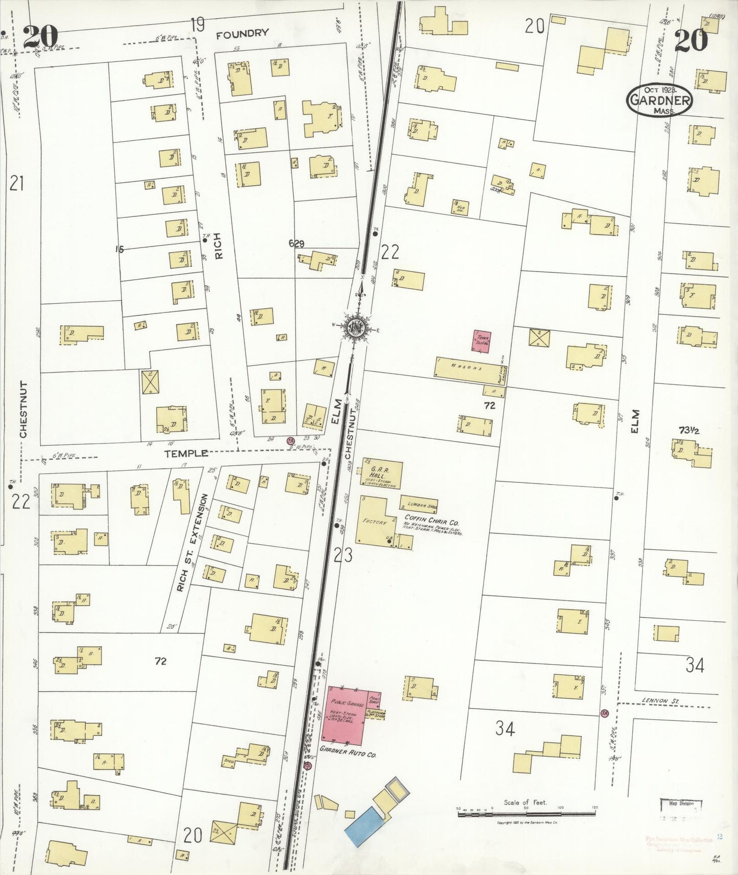 Sanborn Fire Insurance Map from Gardner, Worcester County, Massachusetts (1923), Sheet #0020 - Historic Sanborn Fire Insurance Map Print, vintage old map wall art, antique decor, genealogy gift, Massachusetts Massachusetts map