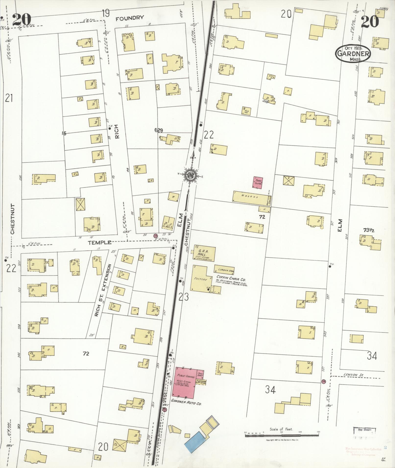 Sanborn Fire Insurance Map from Gardner, Worcester County, Massachusetts (1923), Sheet #0020 - Historic Sanborn Fire Insurance Map Print, vintage old map wall art, antique decor, genealogy gift, Massachusetts Massachusetts map