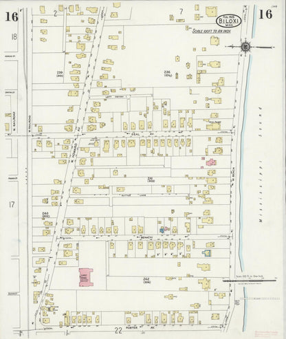 Sanborn Fire Insurance Map from Biloxi, Harrison County, Mississippi (1925), Sheet #0016 - Complete Map Set gallery image, historic Sanborn map, vintage wall art, Mississippi Mississippi