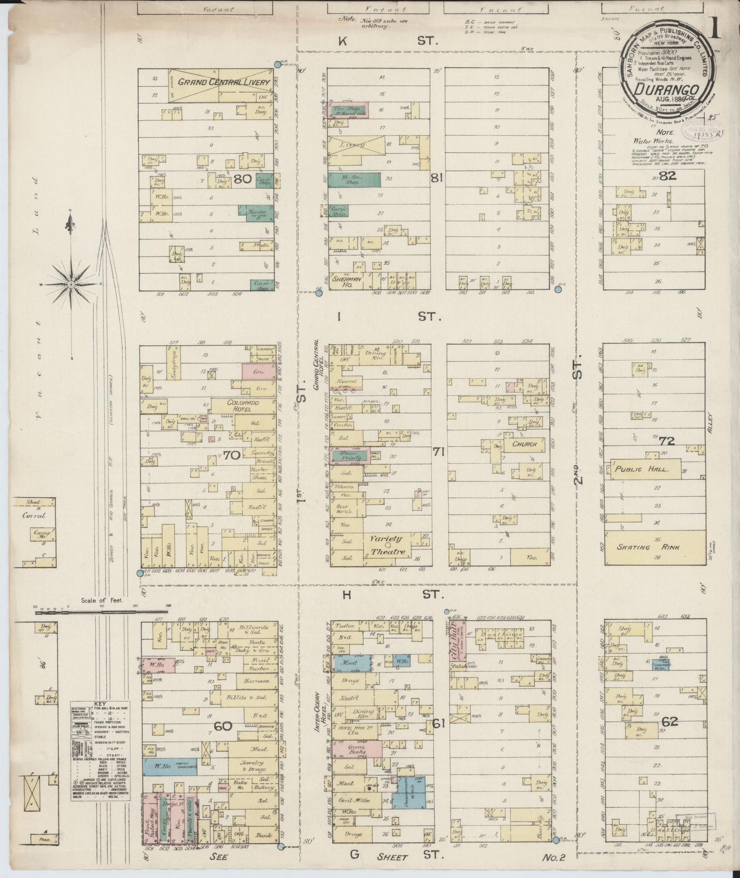 Sanborn Fire Insurance Map from Durango, La Plata County, Colorado (1886), Sheet #0001 - Historic Sanborn Fire Insurance Map Print, vintage old map wall art, antique decor, genealogy gift, Colorado Colorado map