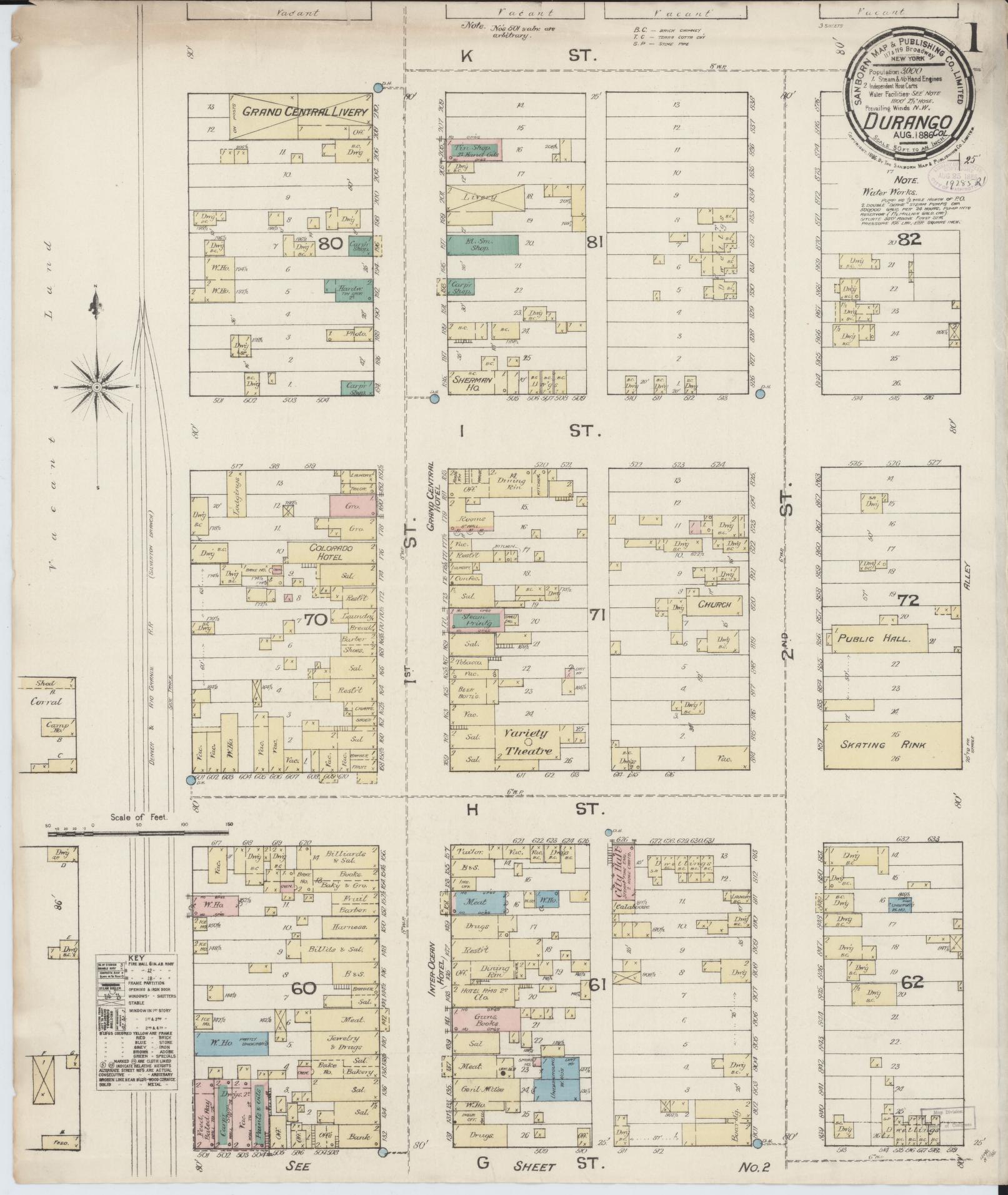Sanborn Fire Insurance Map from Durango, La Plata County, Colorado (1886), Sheet #0001 - Historic Sanborn Fire Insurance Map Print, vintage old map wall art, antique decor, genealogy gift, Colorado Colorado map