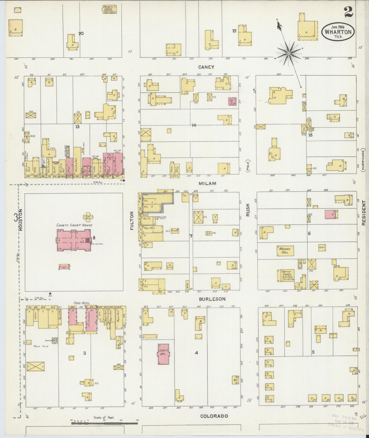 Sanborn Fire Insurance Map from Wharton, Wharton County, Texas (1906), Sheet #0002 - Complete Map Set gallery image, historic Sanborn map, vintage wall art, Texas Texas