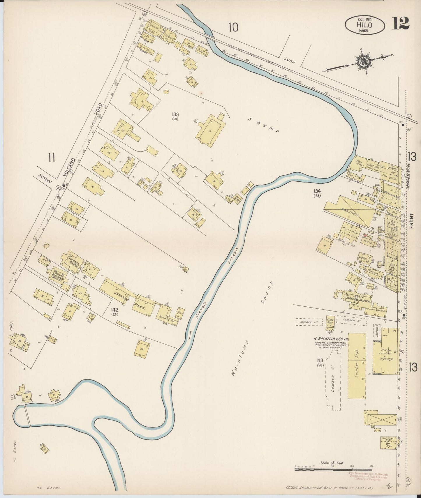 Sanborn Fire Insurance Map from Hilo, Hawaii County, Hawaii (1914), Sheet #0012 - Historic Sanborn Fire Insurance Map Print, vintage old map wall art