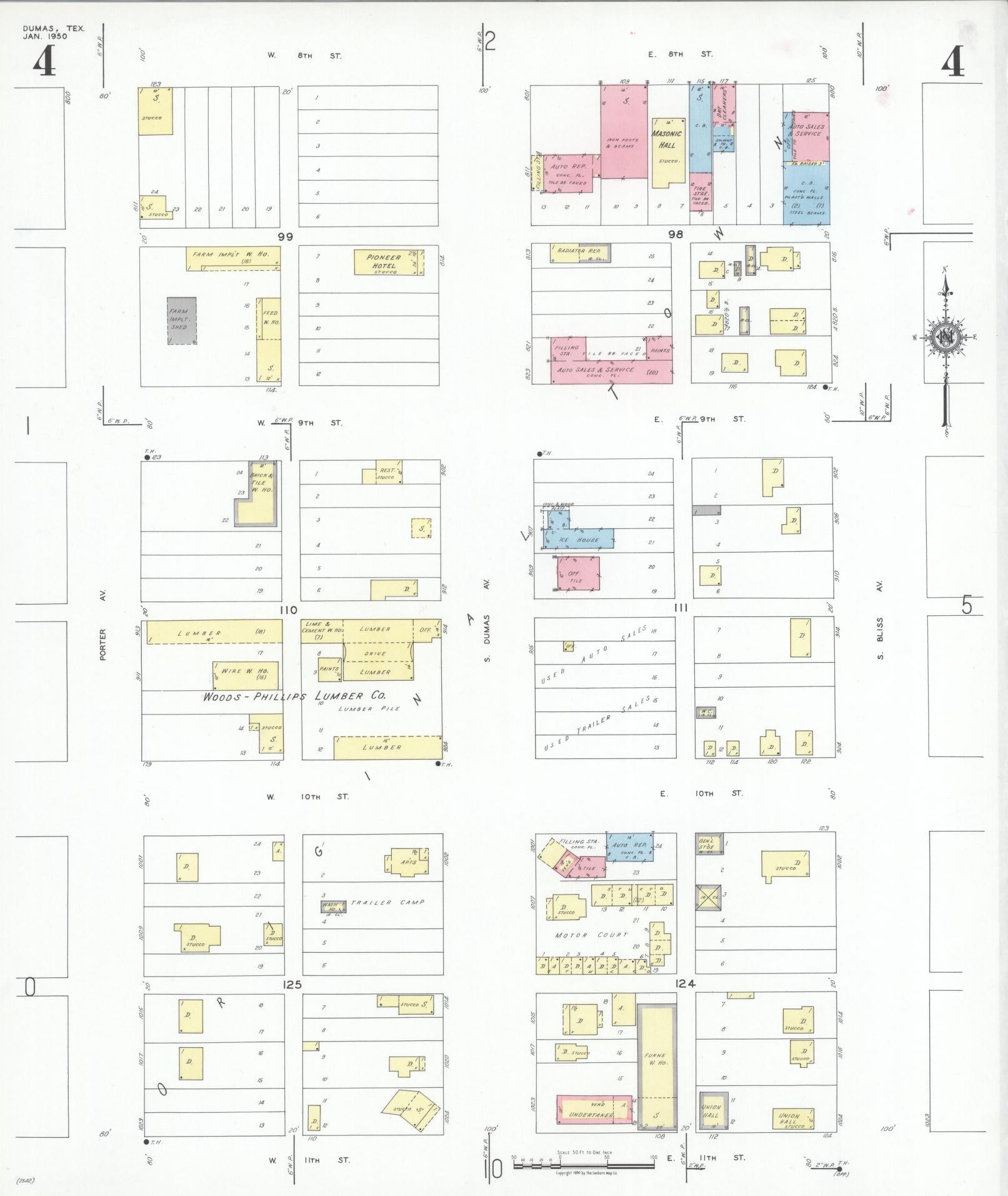 Sanborn Fire Insurance Map from Dumas, Moore County, Texas (1950), Sheet #0004 - Complete Map Set gallery image, historic Sanborn map, vintage wall art, Texas Texas