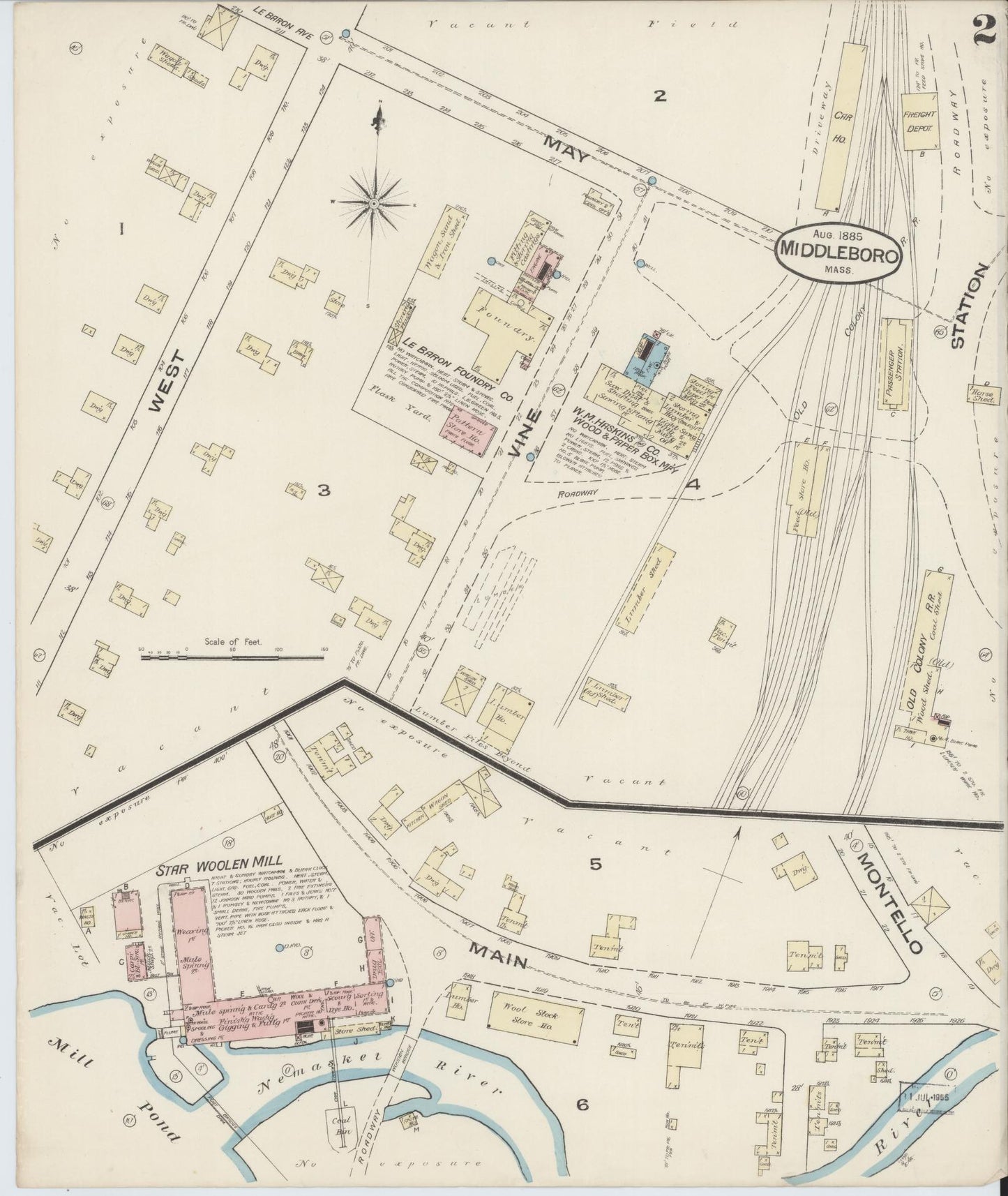 Sanborn Fire Insurance Map from Middleboro, Plymouth County, Massachusetts (1885), Sheet #0002 - Complete Map Set gallery image, historic Sanborn map, vintage wall art, Massachusetts Massachusetts