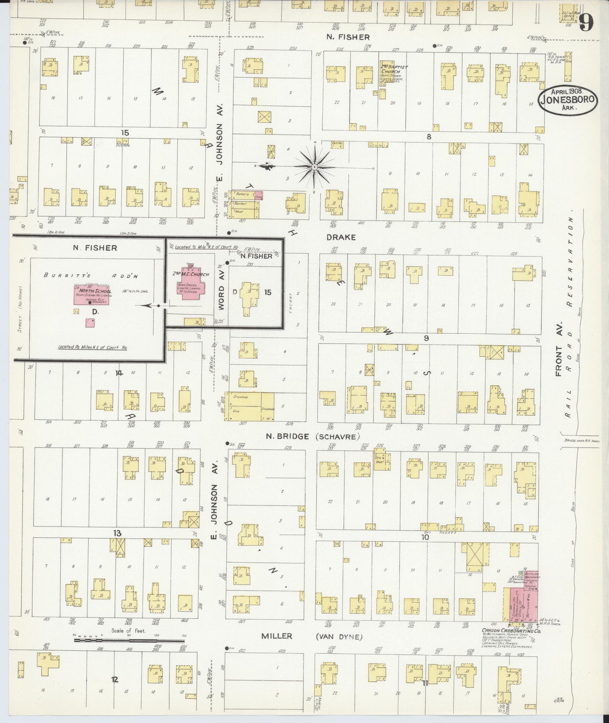 Sanborn Fire Insurance Map from Jonesboro, Craighead County, Arkansas (1908), Sheet #0009 - Complete Map Set gallery image, historic Sanborn map, vintage wall art, Arkansas Arkansas