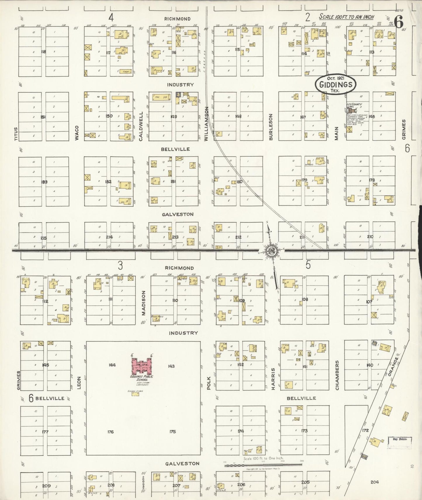 Sanborn Fire Insurance Map from Giddings, Lee County, Texas (1921), Sheet #0006 - Complete Map Set gallery image, historic Sanborn map, vintage wall art, Texas Texas