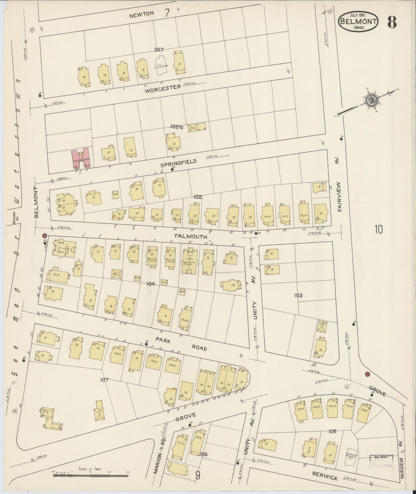 Sanborn Fire Insurance Map from Belmont, Middlesex County, Massachusetts (1915), Sheet #0008 - Complete Map Set gallery image, historic Sanborn map, vintage wall art, Massachusetts Massachusetts