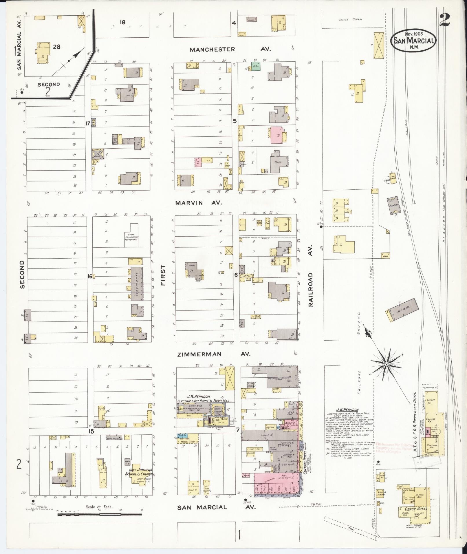 Sanborn Fire Insurance Map from San Marcial, Socorro County, New Mexico (1908), Sheet #0002 - Historic Sanborn Fire Insurance Map Print, vintage old map wall art, antique decor, genealogy gift, New Mexico New Mexico map