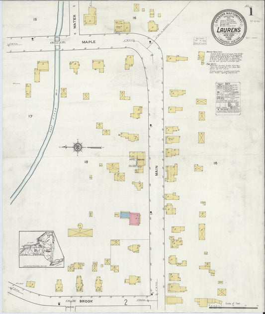 Sanborn Fire Insurance Map from Laurens, Otsego County, New York (1916), Sheet #0001 - Historic Sanborn Fire Insurance Map Print, vintage old map wall art, antique decor, genealogy gift, New York New York map