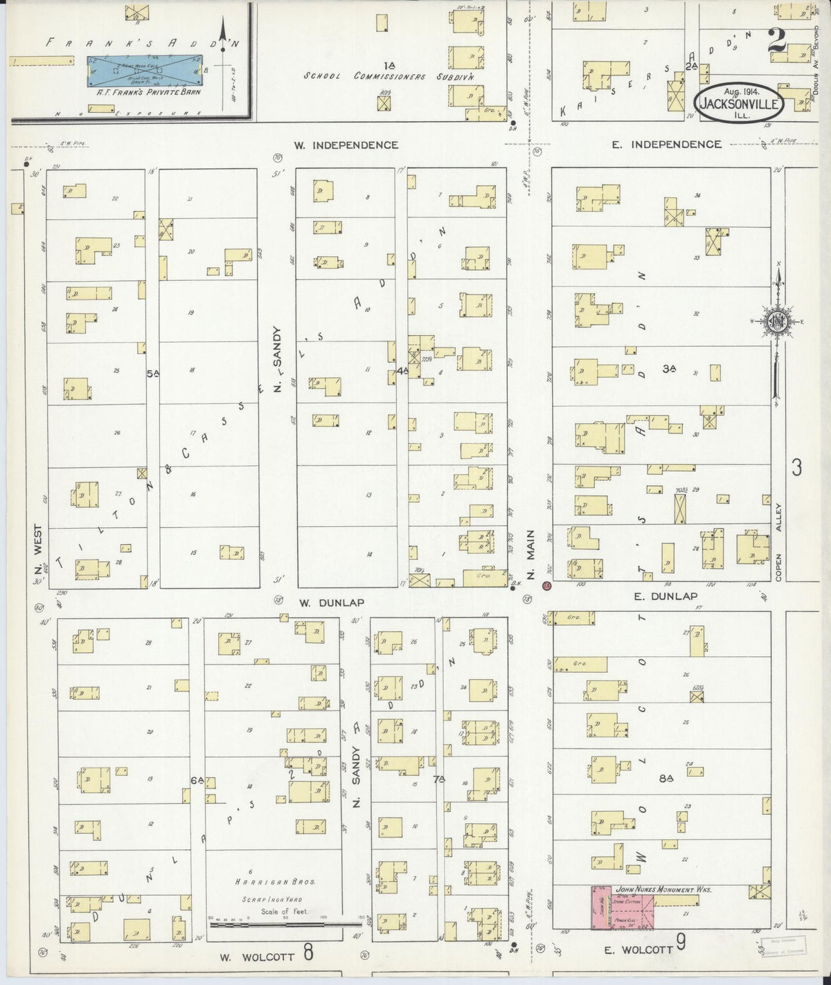 Sanborn Fire Insurance Map from Jacksonville, Morgan County, Illinois (1914), Sheet #0002 - Historic Sanborn Fire Insurance Map Print, vintage old map wall art, antique decor, genealogy gift, Illinois Illinois map