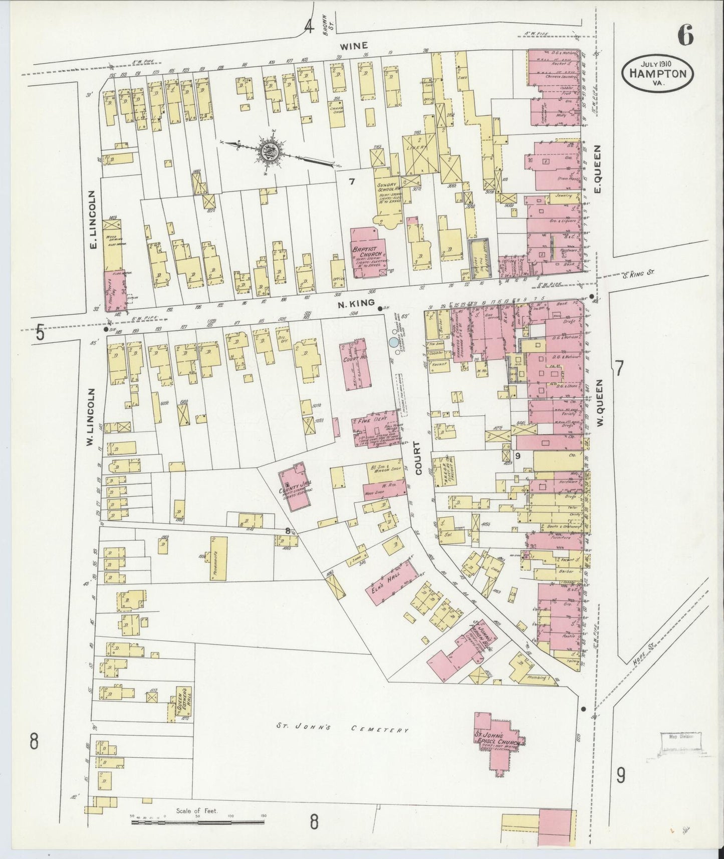 Sanborn Fire Insurance Map from Hampton, Independent Cities, Virginia (1910), Sheet #0006 - Complete Map Set gallery image, historic Sanborn map, vintage wall art, Virginia Virginia
